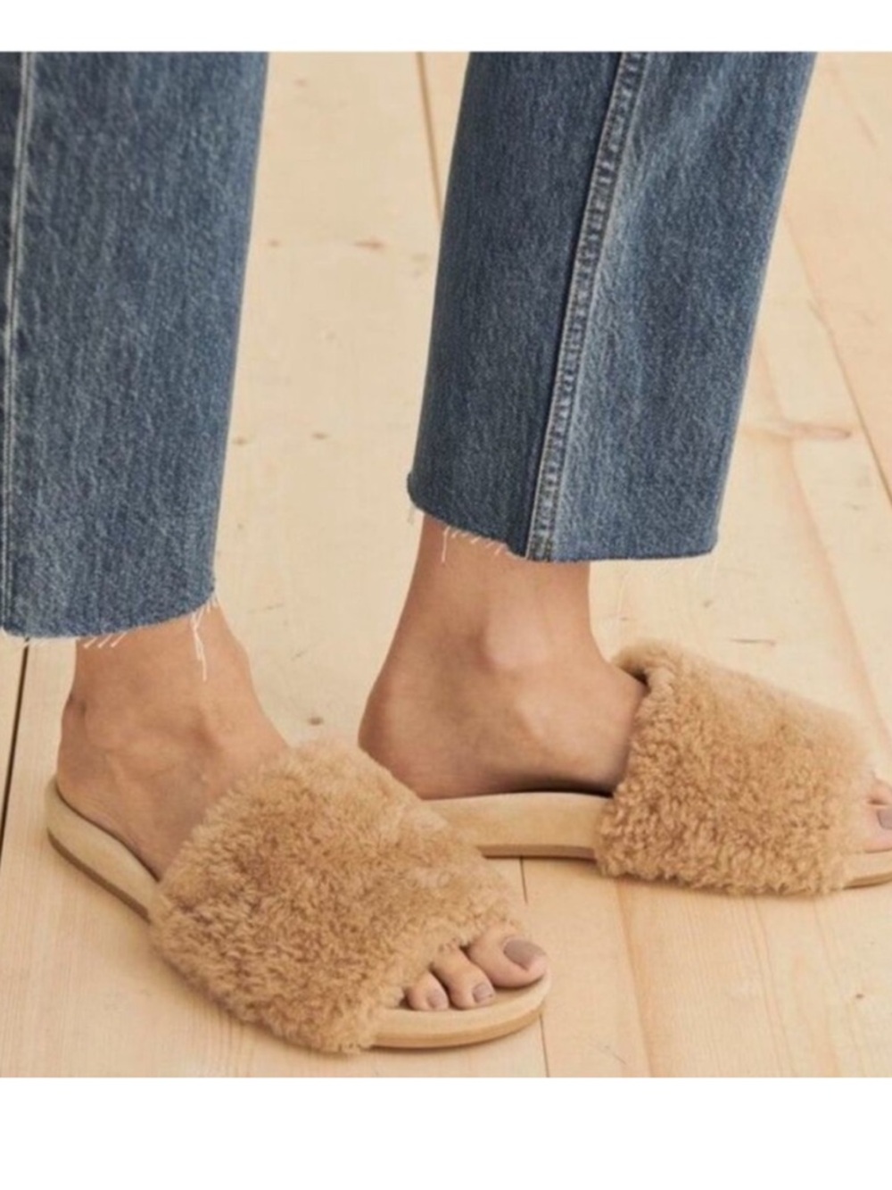 JENNI KAYNE Shearling Slide Sandal 10 Tan Suede Fuzzy Slip On Comfy Casual